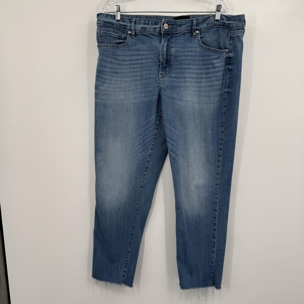 White House Black Market Jeans Womens 16 Blue Cropped Relaxed Distressed Fringe